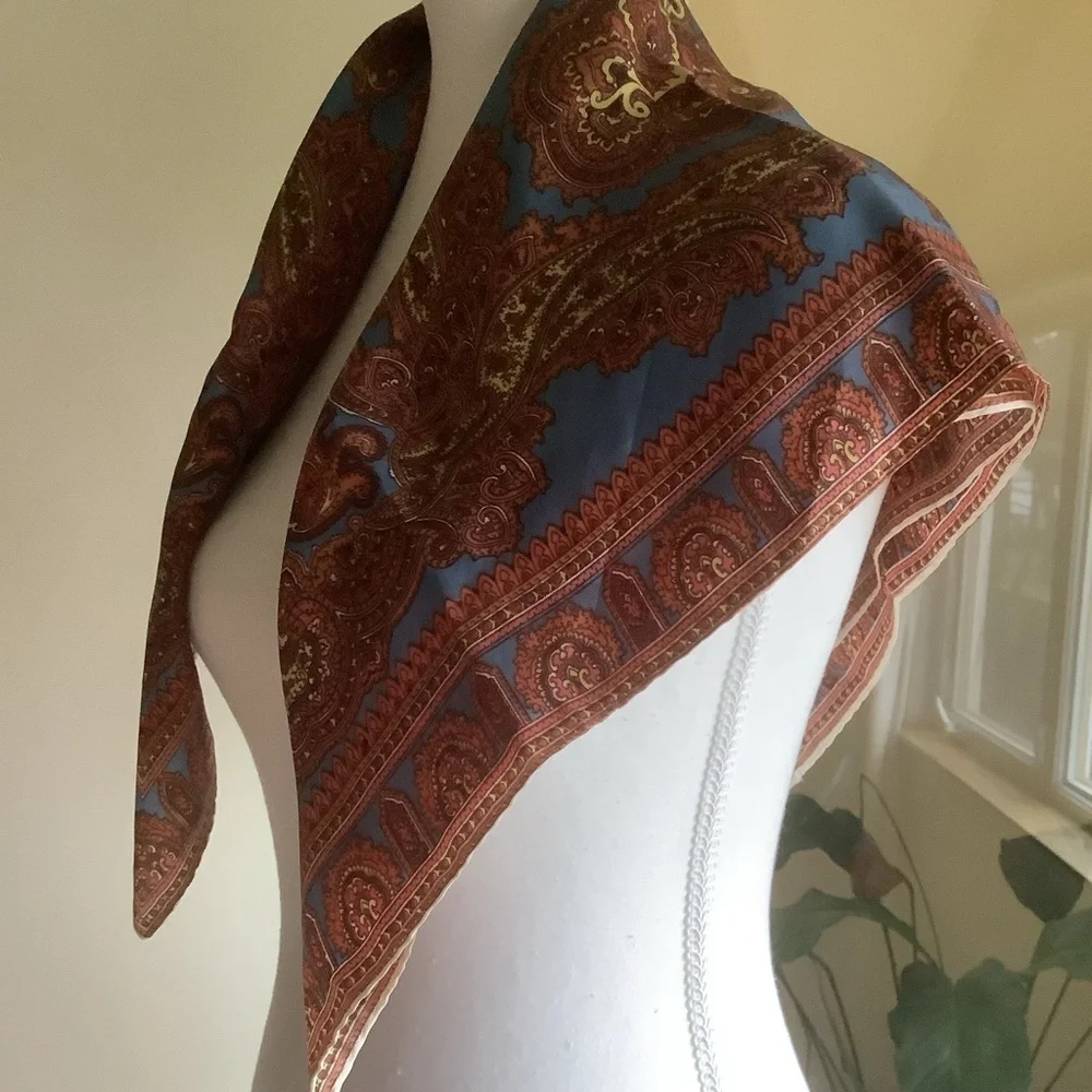 Blue/Bronze Paisley 27” Acetate Scarf Made in Japan